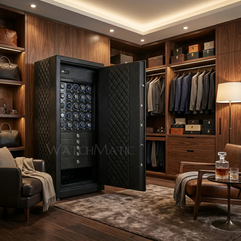 A large high-capacity bespoke watch safe cabinet with integrated winding rotors by WatchMatic